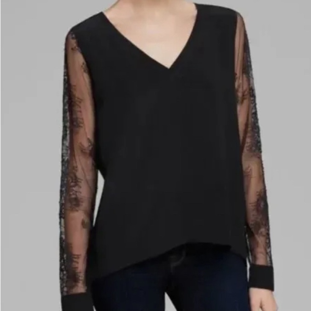 Tibi Black Silk V-neck with Lace Sleeves, size 2